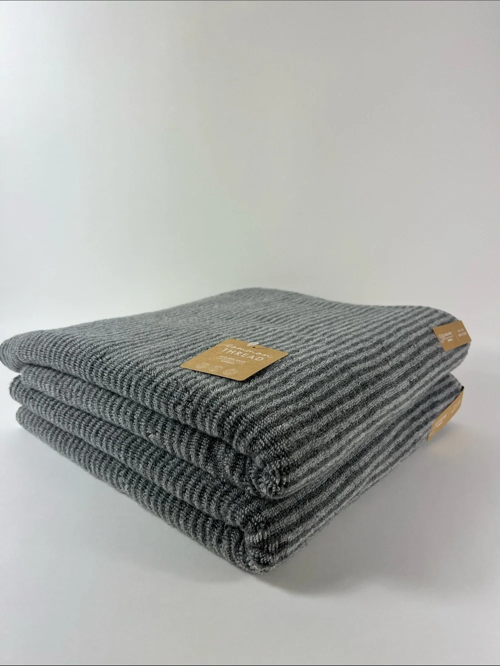 Common Thread Bath Towels Bamboo Eco-Mélange Gray Striped Soft Set of 2 NEW